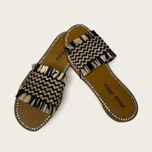 MIU MIU Women's Crystal-embellished Fringed Raffia Slides Brown EU38/US8 NEW